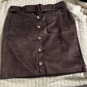 NYC Button-Front Suede-Look Mini Skirt in Dark Brown